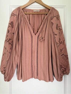 Ulla Johnson Blush Pink Boho Crochet-Sleeve Peasant Blouse